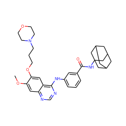 COc1cc2ncnc(Nc3cccc(C(=O)NC45CC6CC(CC(C6)C4)C5)c3)c2cc1OCCCN1CCOCC1 ZINC000653806038