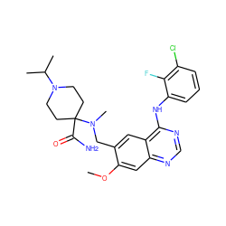 COc1cc2ncnc(Nc3cccc(Cl)c3F)c2cc1CN(C)C1(C(N)=O)CCN(C(C)C)CC1 ZINC000034800026