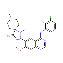 COc1cc2ncnc(Nc3cccc(Cl)c3F)c2cc1CN(C)C1(C(N)=O)CCN(C)CC1 ZINC000034800024