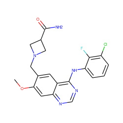 COc1cc2ncnc(Nc3cccc(Cl)c3F)c2cc1CN1CC(C(N)=O)C1 ZINC000013980795