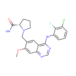 COc1cc2ncnc(Nc3cccc(Cl)c3F)c2cc1CN1CCC[C@H]1C(N)=O ZINC000034800007