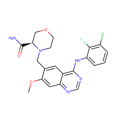 COc1cc2ncnc(Nc3cccc(Cl)c3F)c2cc1CN1CCOC[C@@H]1C(N)=O ZINC000034800044