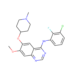 COc1cc2ncnc(Nc3cccc(Cl)c3F)c2cc1OC1CCN(C)CC1 ZINC000034800078