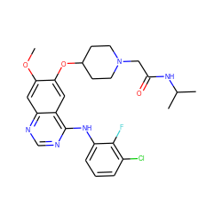 COc1cc2ncnc(Nc3cccc(Cl)c3F)c2cc1OC1CCN(CC(=O)NC(C)C)CC1 ZINC000096921643