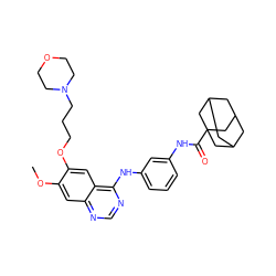 COc1cc2ncnc(Nc3cccc(NC(=O)C45CC6CC(CC(C6)C4)C5)c3)c2cc1OCCCN1CCOCC1 ZINC000653706024