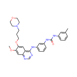 COc1cc2ncnc(Nc3cccc(NC(=O)Nc4cccc(C)c4)c3)c2cc1OCCCN1CCOCC1 ZINC000103297188