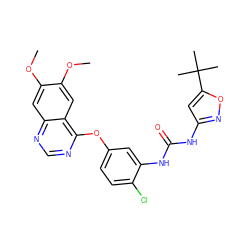 COc1cc2ncnc(Oc3ccc(Cl)c(NC(=O)Nc4cc(C(C)(C)C)on4)c3)c2cc1OC ZINC000072184152
