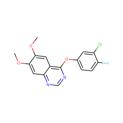 COc1cc2ncnc(Oc3ccc(F)c(Cl)c3)c2cc1OC ZINC000064448384