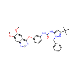 COc1cc2ncnc(Oc3cccc(NC(=O)Nc4cc(C(C)(C)C)nn4Cc4ccccc4)c3)c2cc1OC ZINC000084669782
