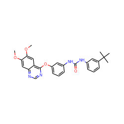 COc1cc2ncnc(Oc3cccc(NC(=O)Nc4cccc(C(C)(C)C)c4)c3)c2cc1OC ZINC000072181693