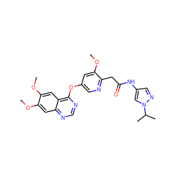 COc1cc2ncnc(Oc3cnc(CC(=O)Nc4cnn(C(C)C)c4)c(OC)c3)c2cc1OC ZINC000043170674