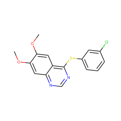 COc1cc2ncnc(Sc3cccc(Cl)c3)c2cc1OC ZINC000003815181