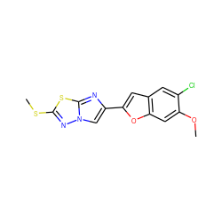 COc1cc2oc(-c3cn4nc(SC)sc4n3)cc2cc1Cl ZINC000205914048