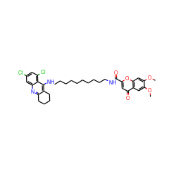 COc1cc2oc(C(=O)NCCCCCCCCCCNc3c4c(nc5cc(Cl)cc(Cl)c35)CCCC4)cc(=O)c2cc1OC ZINC000084587122