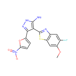 COc1cc2sc(-c3c(-c4ccc([N+](=O)[O-])o4)n[nH]c3N)nc2cc1F ZINC000114398494