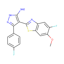 COc1cc2sc(-c3c(-c4ccc(F)cc4)n[nH]c3N)nc2cc1F ZINC000114397851