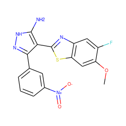 COc1cc2sc(-c3c(-c4cccc([N+](=O)[O-])c4)n[nH]c3N)nc2cc1F ZINC000114397918