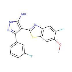 COc1cc2sc(-c3c(-c4cccc(F)c4)n[nH]c3N)nc2cc1F ZINC000114399365