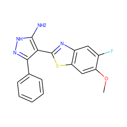 COc1cc2sc(-c3c(-c4ccccc4)n[nH]c3N)nc2cc1F ZINC000114398543