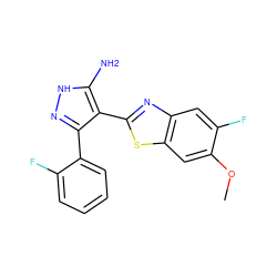 COc1cc2sc(-c3c(-c4ccccc4F)n[nH]c3N)nc2cc1F ZINC000114397894