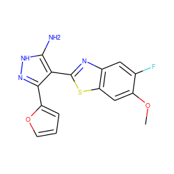 COc1cc2sc(-c3c(-c4ccco4)n[nH]c3N)nc2cc1F ZINC000114400309