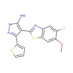 COc1cc2sc(-c3c(-c4cccs4)n[nH]c3N)nc2cc1F ZINC000114397954