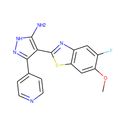 COc1cc2sc(-c3c(-c4ccncc4)n[nH]c3N)nc2cc1F ZINC000114399777