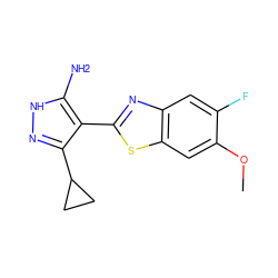 COc1cc2sc(-c3c(C4CC4)n[nH]c3N)nc2cc1F ZINC000114379009