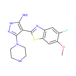 COc1cc2sc(-c3c(N4CCNCC4)n[nH]c3N)nc2cc1F ZINC000114398989