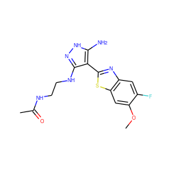 COc1cc2sc(-c3c(NCCNC(C)=O)n[nH]c3N)nc2cc1F ZINC000114399180