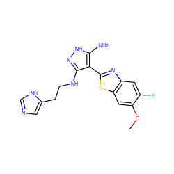 COc1cc2sc(-c3c(NCCc4cnc[nH]4)n[nH]c3N)nc2cc1F ZINC000114379366