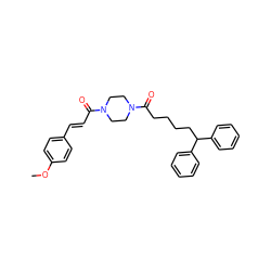 COc1ccc(/C=C/C(=O)N2CCN(C(=O)CCCCC(c3ccccc3)c3ccccc3)CC2)cc1 ZINC000049054570