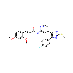 COc1ccc(/C=C/C(=O)Nc2cc(-c3[nH]c(SC)nc3-c3ccc(F)cc3)ccn2)c(OC)c1 ZINC000045261814