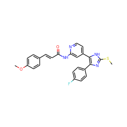 COc1ccc(/C=C/C(=O)Nc2cc(-c3[nH]c(SC)nc3-c3ccc(F)cc3)ccn2)cc1 ZINC000064539285