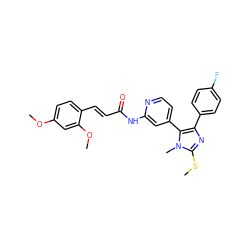 COc1ccc(/C=C/C(=O)Nc2cc(-c3c(-c4ccc(F)cc4)nc(SC)n3C)ccn2)c(OC)c1 ZINC000064527294