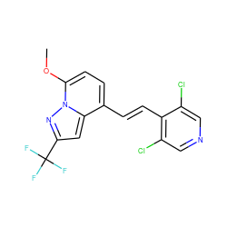 COc1ccc(/C=C/c2c(Cl)cncc2Cl)c2cc(C(F)(F)F)nn12 ZINC000096933408