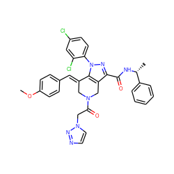 COc1ccc(/C=C2\CN(C(=O)Cn3ccnn3)Cc3c(C(=O)N[C@H](C)c4ccccc4)nn(-c4ccc(Cl)cc4Cl)c32)cc1 ZINC001772581495