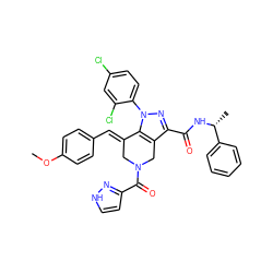 COc1ccc(/C=C2\CN(C(=O)c3cc[nH]n3)Cc3c(C(=O)N[C@H](C)c4ccccc4)nn(-c4ccc(Cl)cc4Cl)c32)cc1 ZINC001772574449