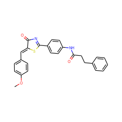 COc1ccc(/C=C2\SC(c3ccc(NC(=O)CCc4ccccc4)cc3)=NC2=O)cc1 ZINC000084653043