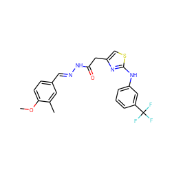 COc1ccc(/C=N/NC(=O)Cc2csc(Nc3cccc(C(F)(F)F)c3)n2)cc1C ZINC000000650412