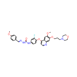 COc1ccc(/C=N/NC(=O)Nc2ccc(Oc3ccnc4cc(OCCCN5CCOCC5)c(OC)cc34)c(F)c2)cc1 ZINC000653703936