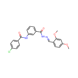 COc1ccc(/C=N/NC(=O)c2cccc(NC(=O)c3ccc(Cl)cc3)c2)c(OC)c1 ZINC000000704622