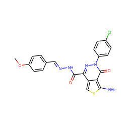 COc1ccc(/C=N/NC(=O)c2nn(-c3ccc(Cl)cc3)c(=O)c3c(N)scc23)cc1 ZINC000000988367