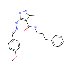 COc1ccc(/C=N/Nc2[nH]nc(C)c2C(=O)NCCCc2ccccc2)cc1 ZINC000040393212