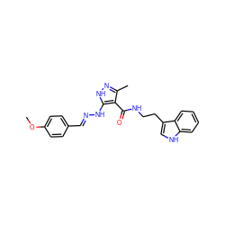 COc1ccc(/C=N/Nc2[nH]nc(C)c2C(=O)NCCc2c[nH]c3ccccc23)cc1 ZINC000040863812