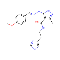 COc1ccc(/C=N/Nc2[nH]nc(C)c2C(=O)NCCc2c[nH]cn2)cc1 ZINC000040862491