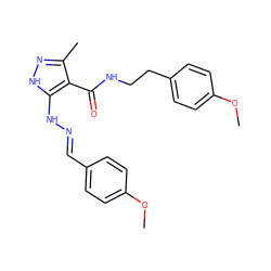 COc1ccc(/C=N/Nc2[nH]nc(C)c2C(=O)NCCc2ccc(OC)cc2)cc1 ZINC000040406422