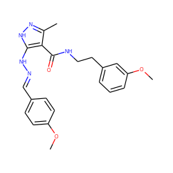 COc1ccc(/C=N/Nc2[nH]nc(C)c2C(=O)NCCc2cccc(OC)c2)cc1 ZINC000040898548