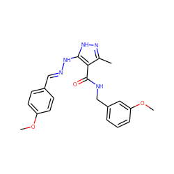 COc1ccc(/C=N/Nc2[nH]nc(C)c2C(=O)NCc2cccc(OC)c2)cc1 ZINC000040866281