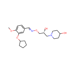 COc1ccc(/C=N/OC[C@H](O)CN2CCC(O)CC2)cc1OC1CCCC1 ZINC000299829025